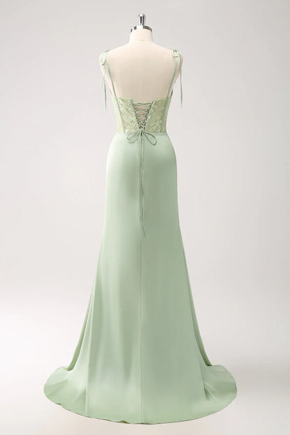 Green mermaid lace up tight corset bridesmaid dress