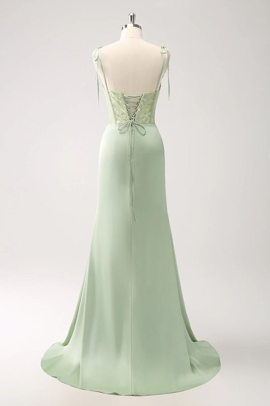 Green mermaid lace up tight corset bridesmaid dress