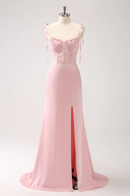 Pink mermaid satin tight corset long bridesmaid dress with slit