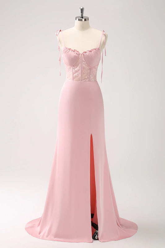 Pink mermaid satin tight corset long bridesmaid dress with slit