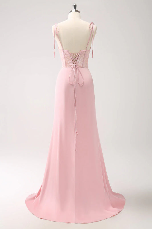 Pink mermaid satin tight corset long bridesmaid dress with slit