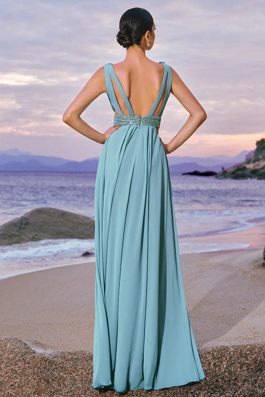 Glitter Grey Green A-Line Sequin Chiffon Long Bridesmaid Dress with Slit