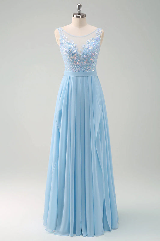 Sparkly Sky Blue A Line Boat Neck Pleated Long Bridesmaid Dress