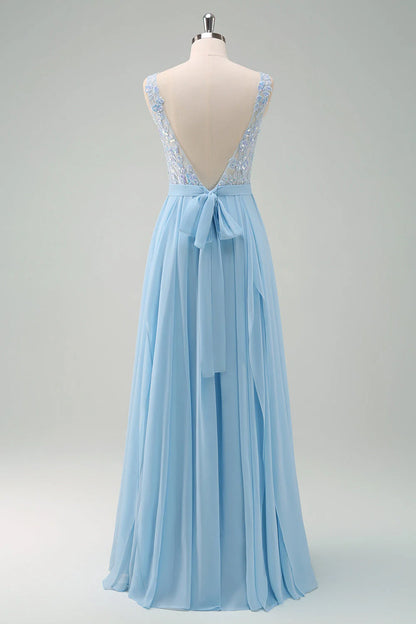 Sparkly Sky Blue A Line Boat Neck Pleated Long Bridesmaid Dress