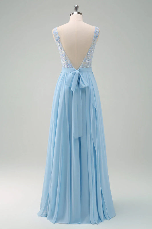 Sparkly Sky Blue A Line Boat Neck Pleated Long Bridesmaid Dress