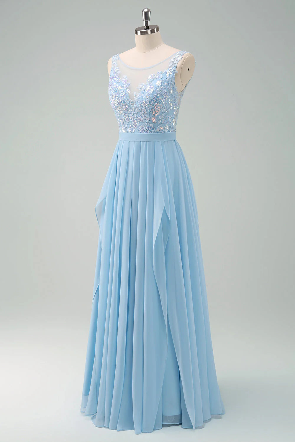 Sparkly Sky Blue A Line Boat Neck Pleated Long Bridesmaid Dress
