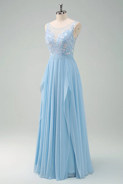 Sparkly Sky Blue A Line Boat Neck Pleated Long Bridesmaid Dress