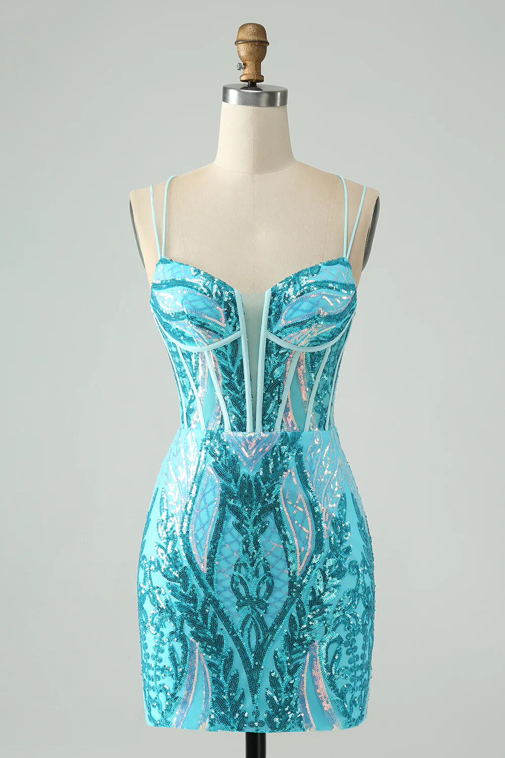 Gorgeous blue tight camisole tied corset back to school dress with sequins
