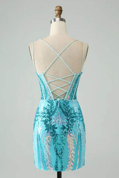 Gorgeous blue tight camisole tied corset back to school dress with sequins