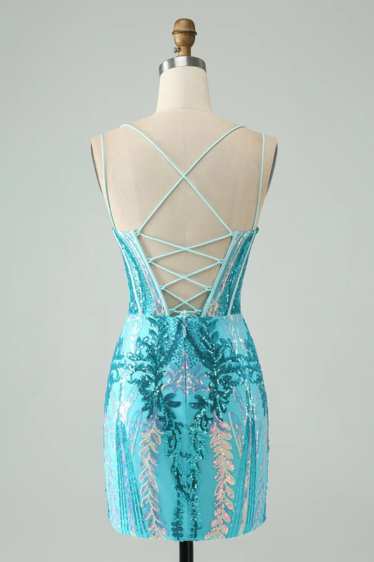 Gorgeous blue tight camisole tied corset back to school dress with sequins