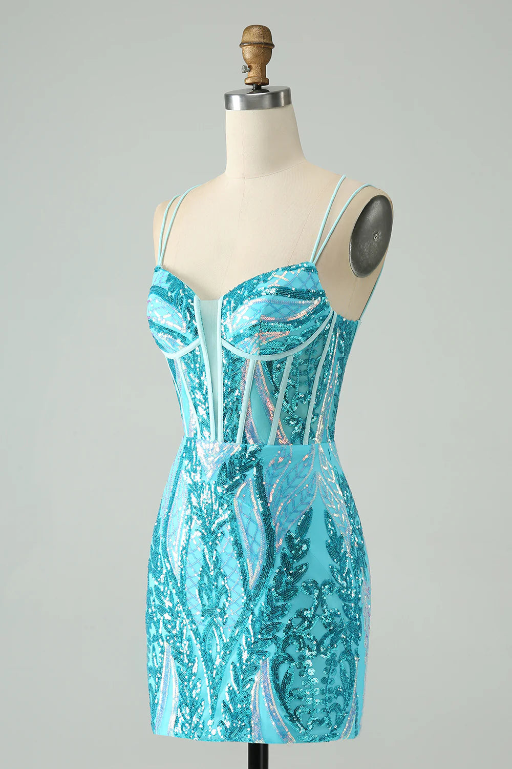 Gorgeous blue tight camisole tied corset back to school dress with sequins
