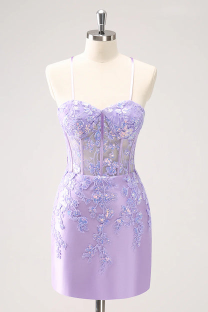 Sparkly Lilac Bodycon Spaghetti Straps Sequin Corset Homecoming Dress with Appliques