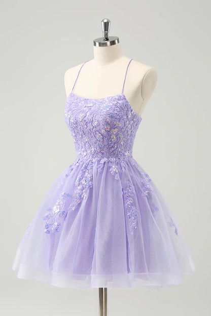 Sparkly Lilac A Line Spaghetti Straps Sequin Short Homecoming Dress with Lace Up Back