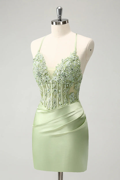 Stylish Green Sheath Criss Cross Back Corset Short Homecoming Dress with Appliques