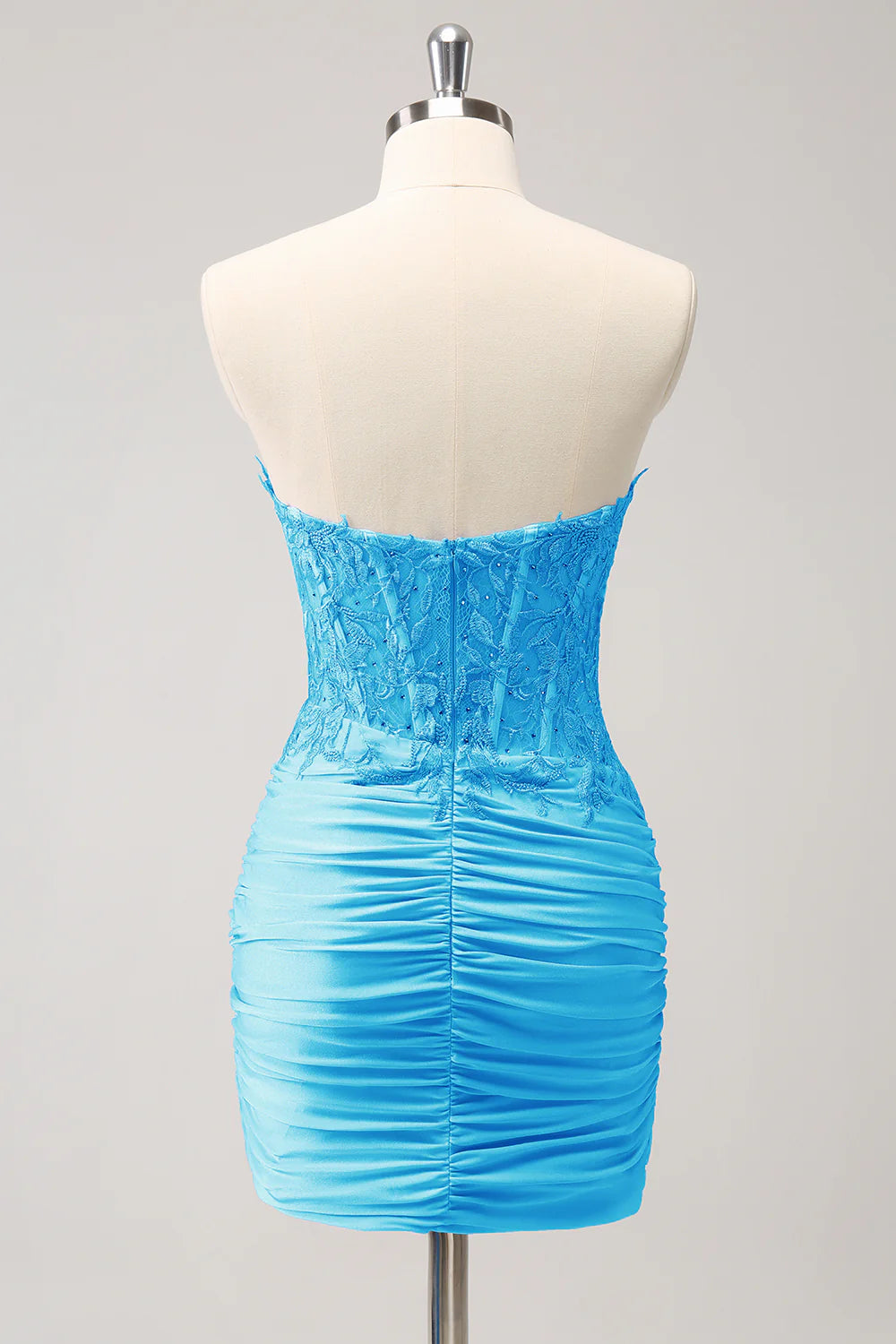 Sleeveless strapless tight fitting sweetheart corset with short pleats and beaded back to school dress