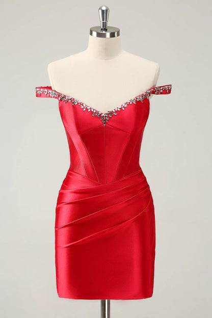 Red Sheath Off The Shoulder Pleated Corset Short Homecoming Dress with Rhinestones