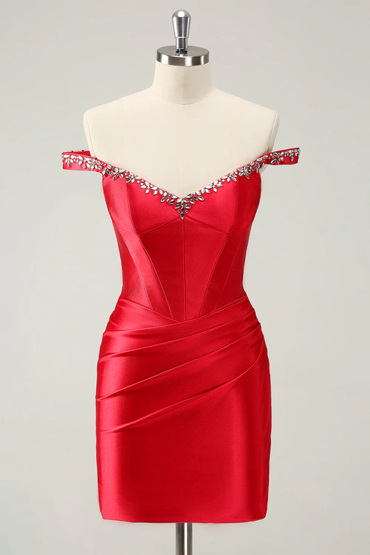 Red Sheath Off The Shoulder Pleated Corset Short Homecoming Dress with Rhinestones