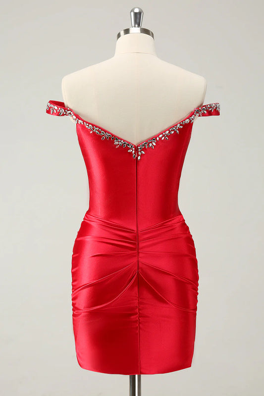 Red Sheath Off The Shoulder Pleated Corset Short Homecoming Dress with Rhinestones