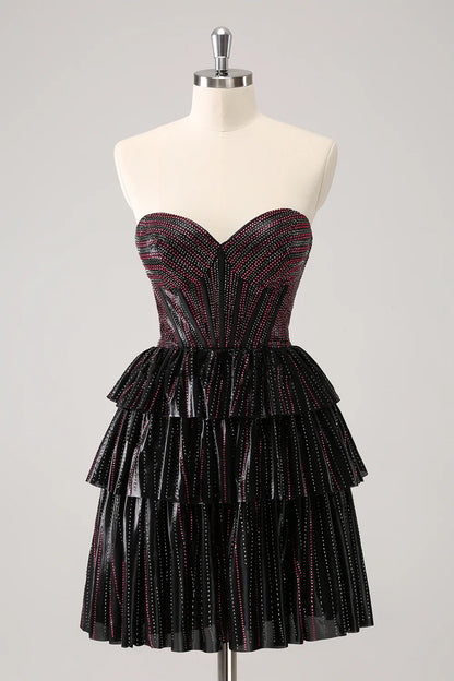 Cute Black Pink A Line Sweetheart Corset Metallic Homecoming Dress with Beading