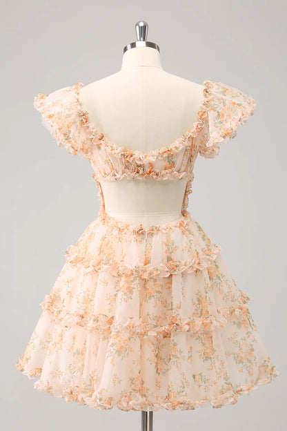 Cute Yellow A Line Square Neck Corset Backless Short Homecoming Dress