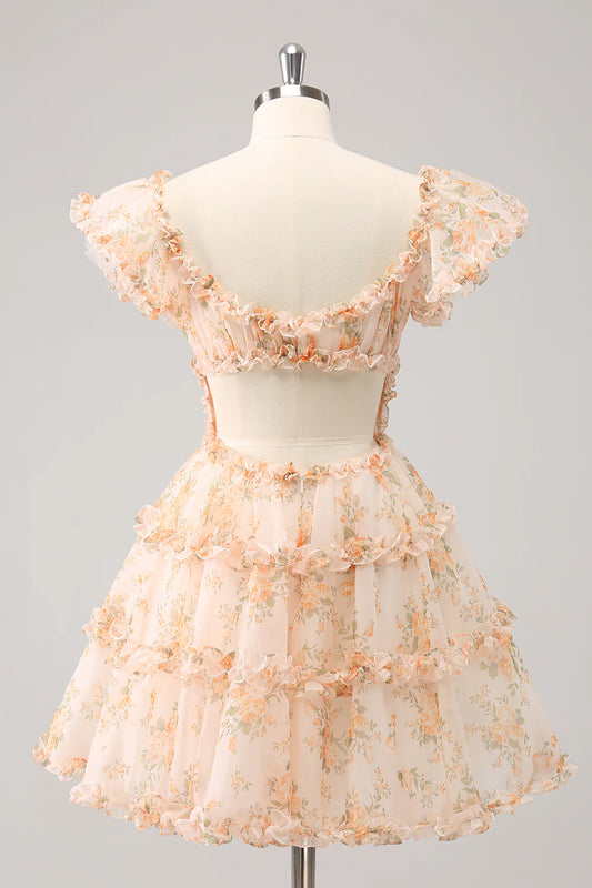 Cute Yellow A Line Square Neck Corset Backless Short Homecoming Dress