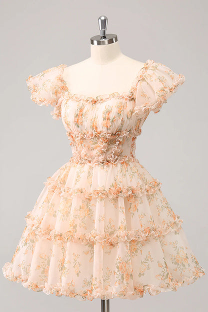 Cute Yellow A Line Square Neck Corset Backless Short Homecoming Dress