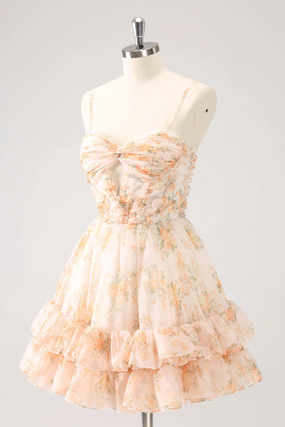 Cute Yellow A Line Cut Out Tiered Print Floral Homecoming Dress with Ruffles