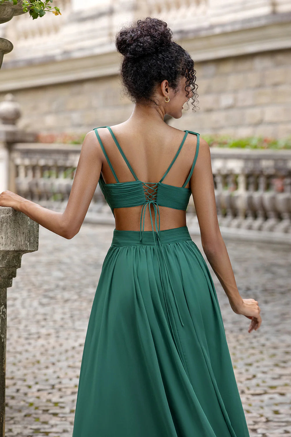 Dark Green A Line V Neck Pleated Chiffon Long Bridesmaid Dress with Lace Up Back