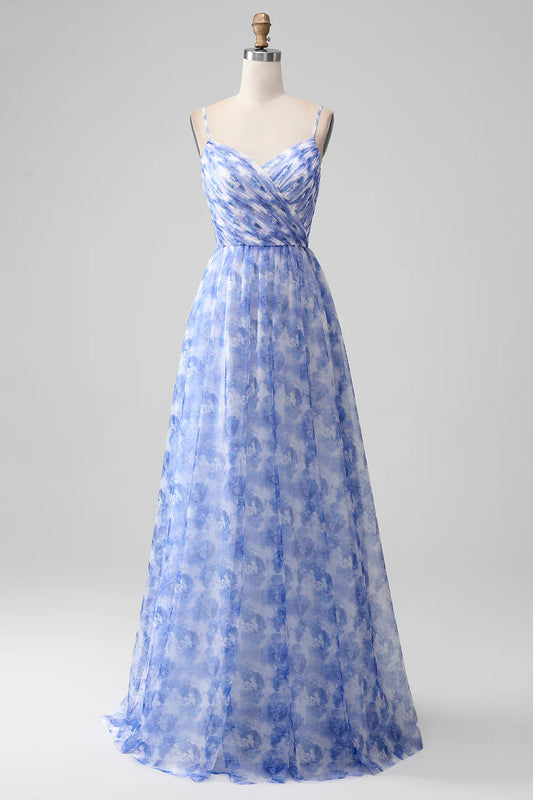 Blue A-line backless strap printed pleated long skirt