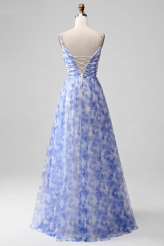 Blue A-line backless strap printed pleated long skirt
