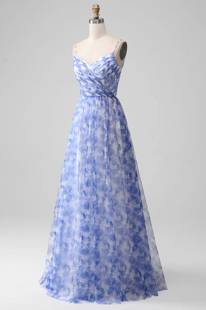Blue A-line backless strap printed pleated long skirt
