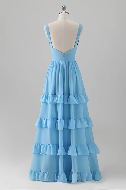 Blue A Line V Neck Open Back Chiffon Tiered Long Bridesmaid Dress