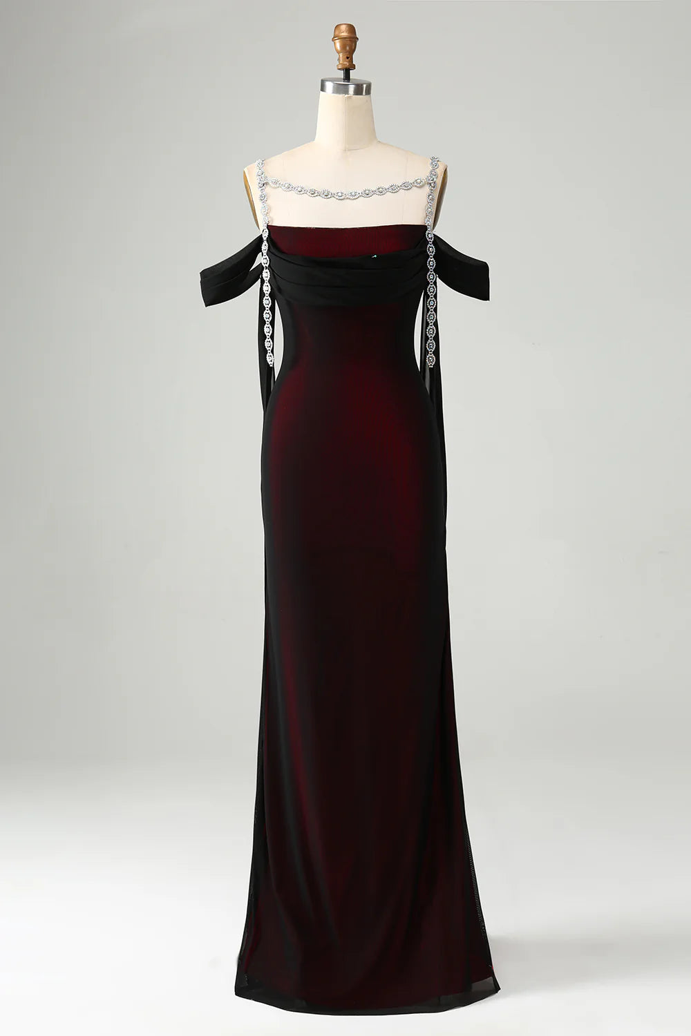 Black Red Sheath Cowl Neck Long Bridesmaid Dress with Rhinestones