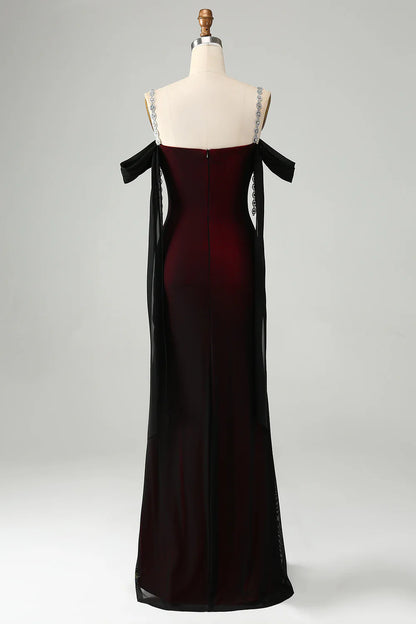 Black Red Sheath Cowl Neck Long Bridesmaid Dress with Rhinestones