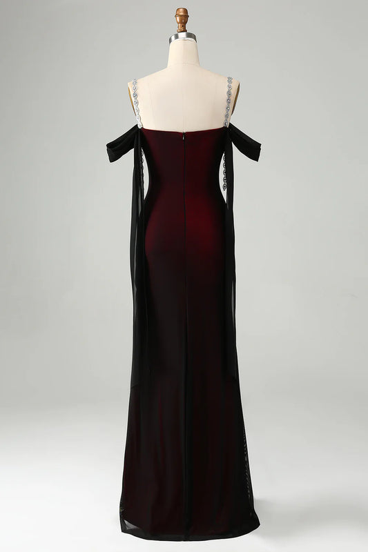 Black Red Sheath Cowl Neck Long Bridesmaid Dress with Rhinestones
