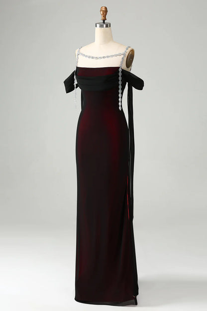 Black Red Sheath Cowl Neck Long Bridesmaid Dress with Rhinestones