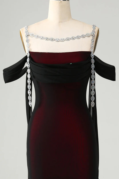 Black Red Sheath Cowl Neck Long Bridesmaid Dress with Rhinestones