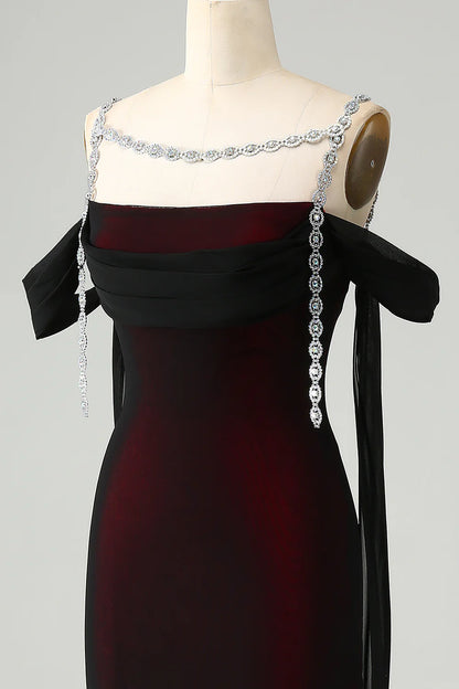 Black Red Sheath Cowl Neck Long Bridesmaid Dress with Rhinestones