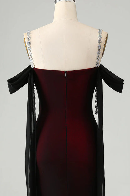 Black Red Sheath Cowl Neck Long Bridesmaid Dress with Rhinestones