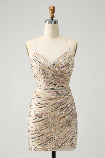 Thin shoulder strap V-neck strap lace up back short champagne back to school dress with sequins