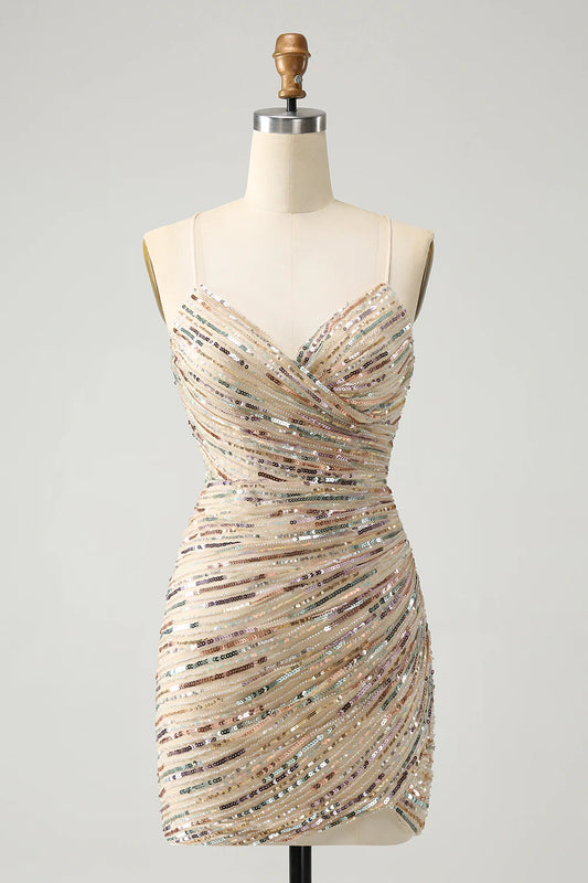 Thin shoulder strap V-neck strap lace up back short champagne back to school dress with sequins