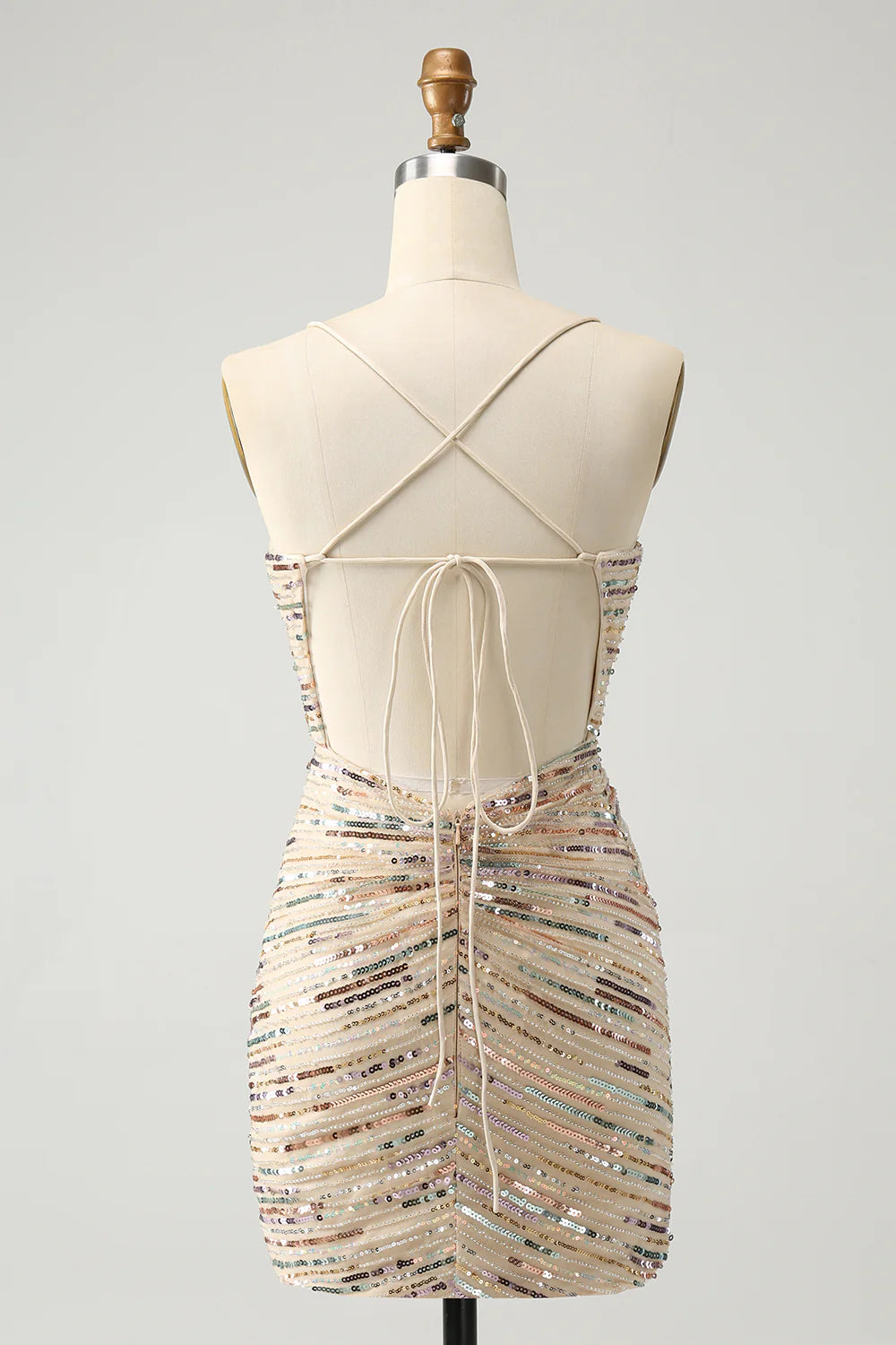 Thin shoulder strap V-neck strap lace up back short champagne back to school dress with sequins