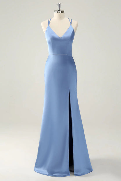 Blue mermaid thin lace long satin bridesmaid dress with side slit