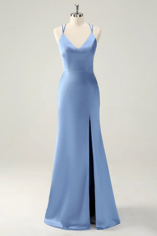 Blue mermaid thin lace long satin bridesmaid dress with side slit