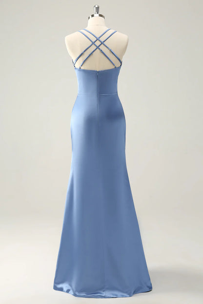 Blue mermaid thin lace long satin bridesmaid dress with side slit