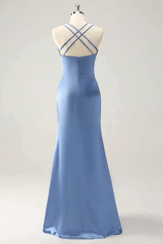 Blue mermaid thin lace long satin bridesmaid dress with side slit
