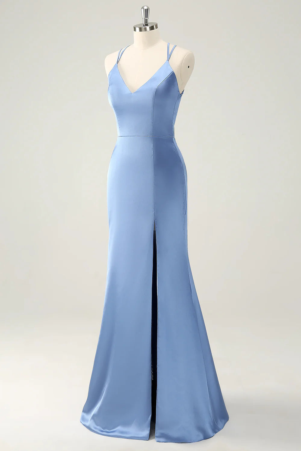Blue mermaid thin lace long satin bridesmaid dress with side slit