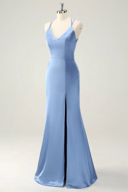 Blue mermaid thin lace long satin bridesmaid dress with side slit
