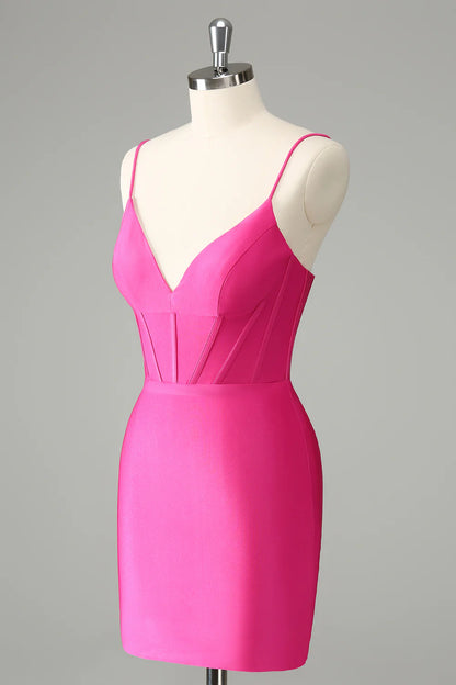 Tight Spaghetti Straps Pleated Short Homecoming Dress