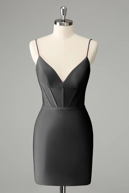 Tight Spaghetti Straps Pleated Short Homecoming Dress